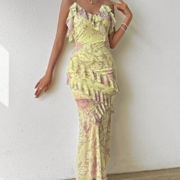Yellow Boho Women's Beach Vacation Floral Print Ruffled Cami Dress Maxi - Picture 1 of 7